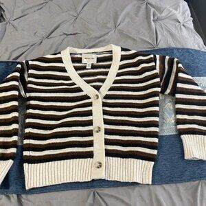 INDUSTRY striped knit cardigan sweater XS neutral brown cream cropped